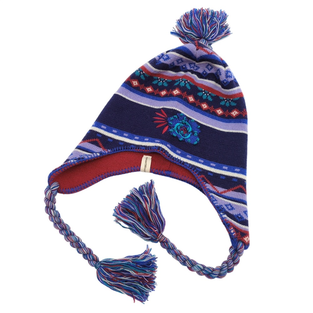 Smartwool Merino Wool Beanie Hat Earflap Purple Fair Isle Tassel Pom Winter Boho